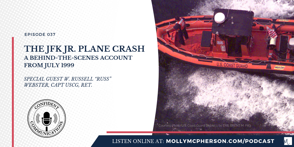 A graphic depicting a US Coast Guard vessel with the text The JFK Jr Plane Crash Behind the Scenes Account from July 1999 with Captain W Russel Webster